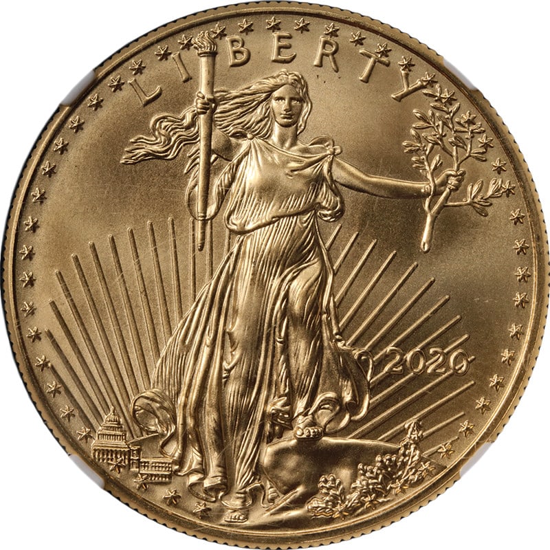 NGC MS70 2020 $50 Gold American Eagle Coin With Trump Label: NGC MS70 2020 $50 Gold American Eagle Coin With Trump Label This 2020 Gold American Eagle $50 coin features a Donald Trump label and is graded MS70 by NGC, indicating a perfect, uncirculated condition