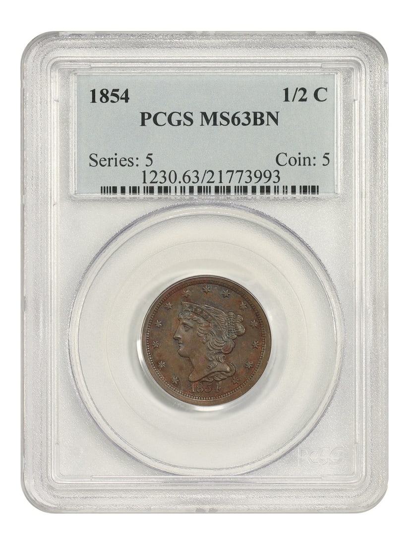 1854 Braided Hair Half Cent PCGS MS63BN: 1854 Braided Hair Half Cent PCGS MS63BN This 1854 Braided Hair Half Cent features the classic design and is certified by PCGS with a grade of MS63BN. The coin is from the Philadelphia mint and is desi