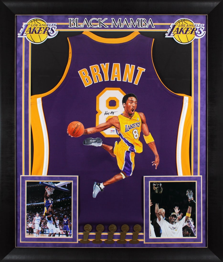 Kobe Bryant Signed Hand Painted Lakers Framed Jersey PSA Certified: Kobe Bryant Signed Hand Painted Lakers Framed Jersey PSA Certified This stunning, hand-painted jersey features the iconic Kobe Bryant of the Los Angeles Lakers. Authentically signed by the NBA legend,