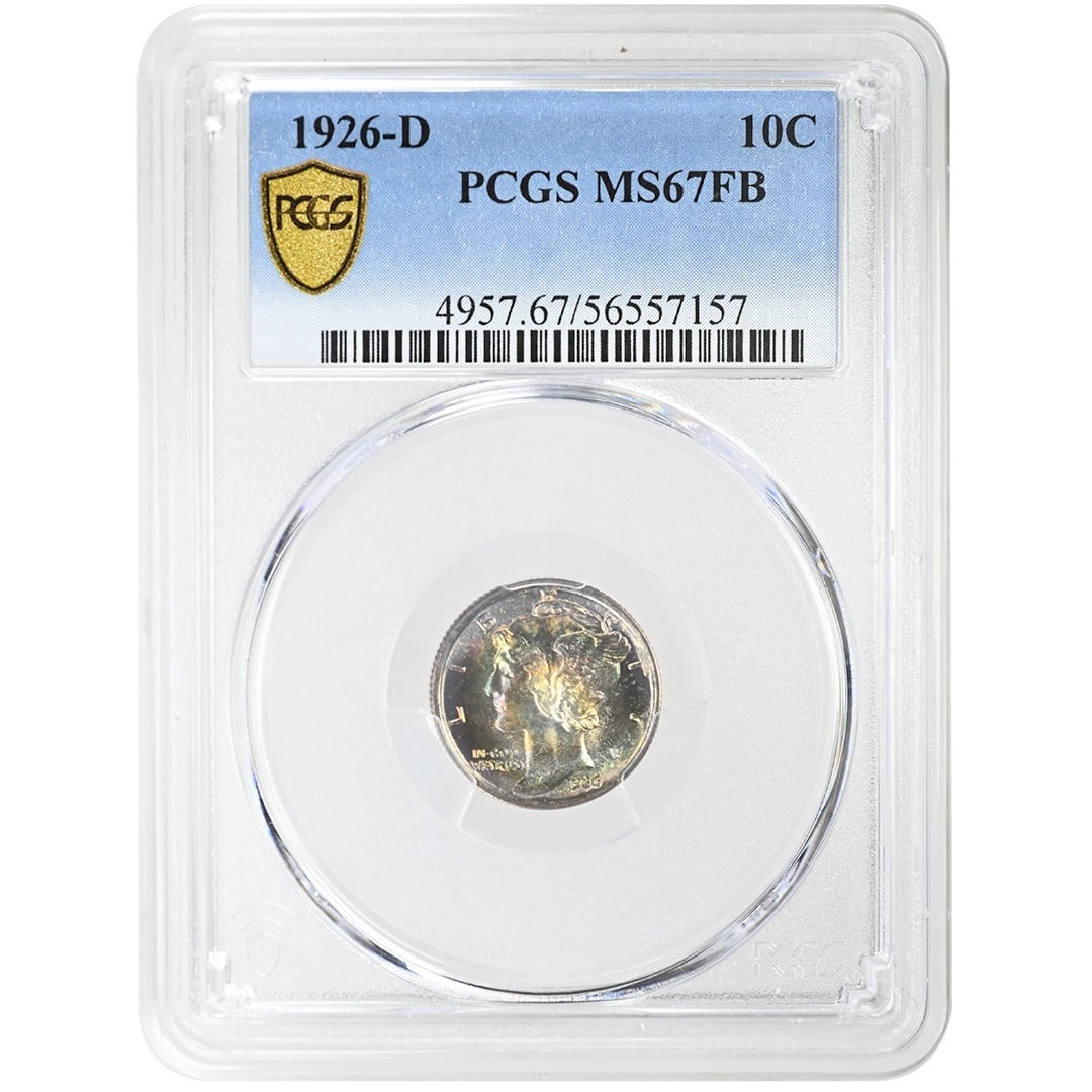 PCGS MS67FB 1926-D Mercury Silver Dime: PCGS MS67FB 1926-D Mercury Silver Dime This is a 1926 Mercury Dime minted in Denver, composed of silver and graded as MS67FB by PCGS. The coin is uncirculated and comes from the United States. It is a