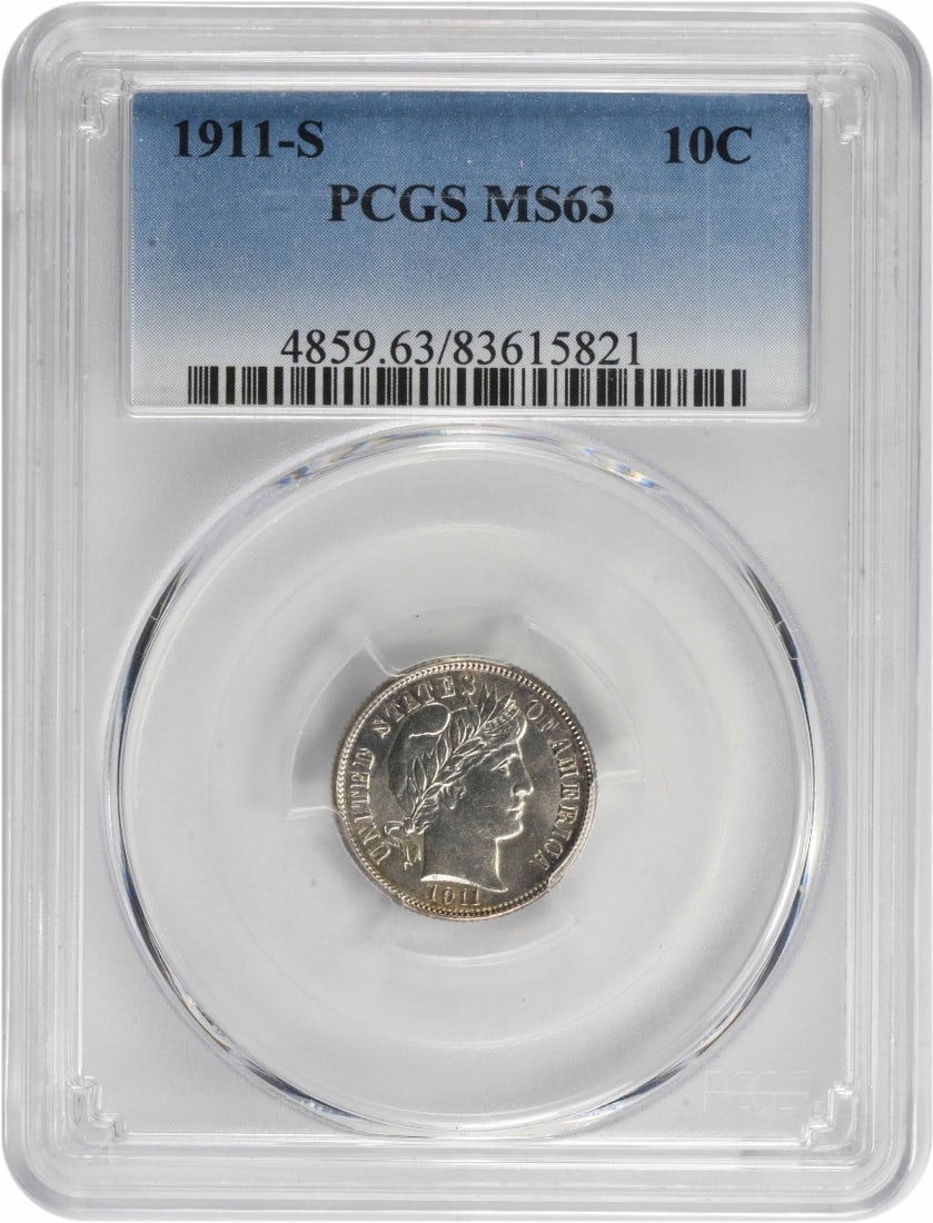 1911-S Barber Dime MS63 Certified PCGS 90% Silver Coin: 1911-S Barber Dime MS63 Certified PCGS 90% Silver Coin This 1911-S Barber Silver Dime is a remarkable piece of numismatic history, certified by PCGS with a grade of MS63. Struck at the San Francisco m