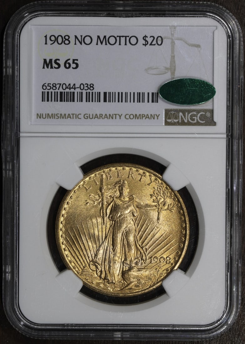 1908 Saint Gaudens $20 Gold Double Eagle NGC MS65 CAC No Motto: 1908 Saint Gaudens $20 Gold Double Eagle NGC MS65 CAC No Motto This 1908 Saint Gaudens Gold Double Eagle is a $20 coin graded MS65 by NGC, featuring the "No Motto" design. Struck in Philadelphia, this