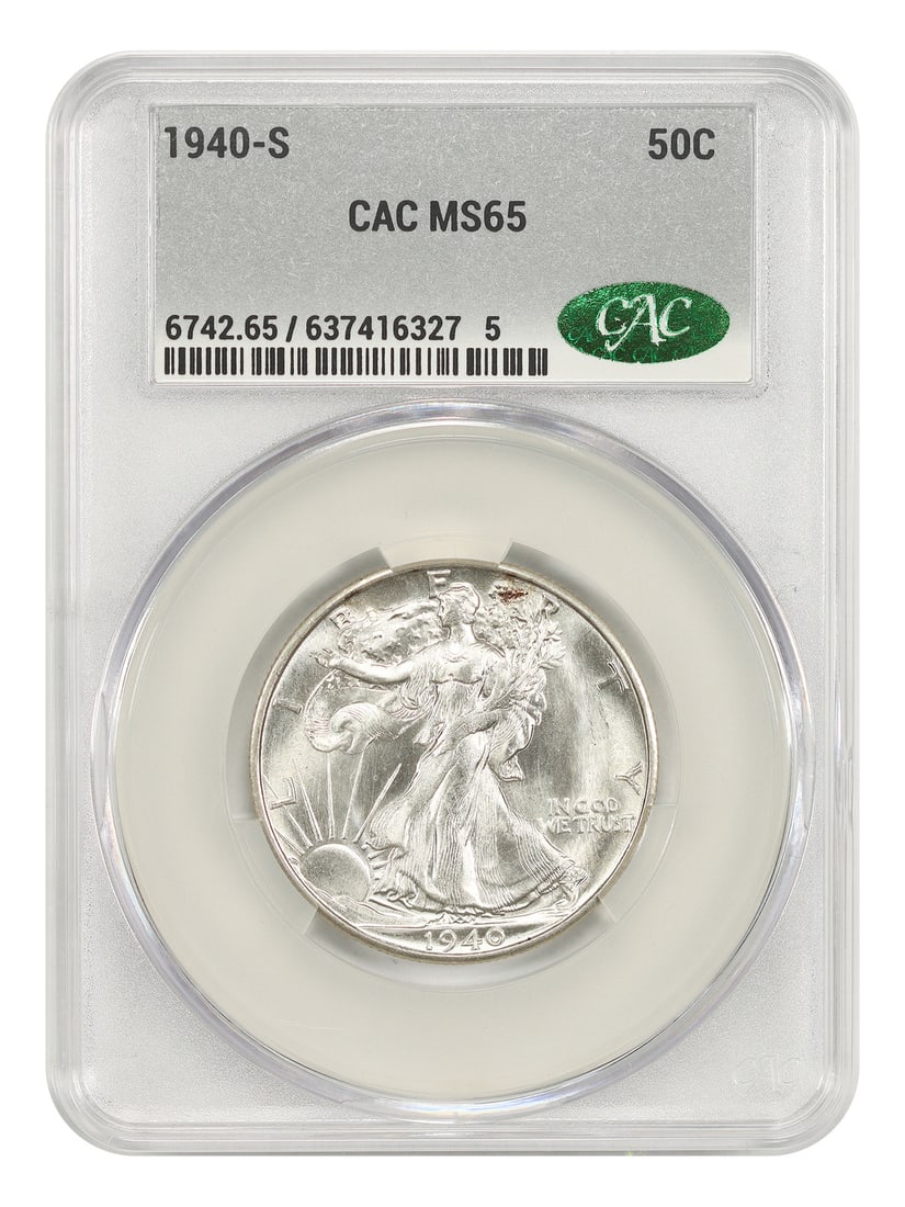 CACG MS65 1940-S Walking Liberty Half Dollar 50C: CACG MS65 1940-S Walking Liberty Half Dollar 50C This 1940 Walking Liberty Half Dollar was minted in San Francisco and has been certified by CACG. The coin is in pre-owned condition and features the c