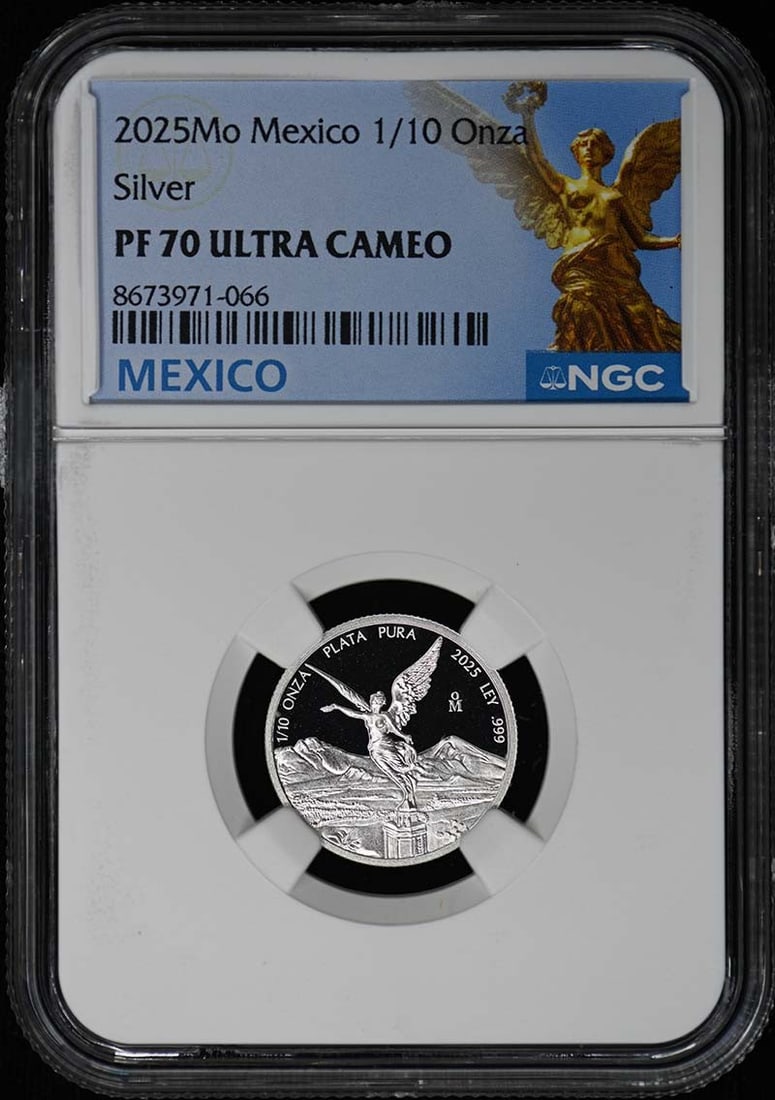 2025 Mexico Libertad 1 10 Onza Silver NGC PF70UC: 2025 Mexico Libertad 1 10 Onza Silver NGC PF70UC This 2025 Mo Mexico 1/10 Onza Libertad Silver coin is graded by NGC as PF70 Ultra Cameo, indicating a flawless proof coin. With a low mintage of only 1