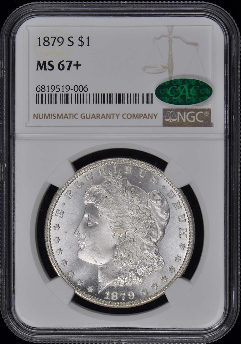 1879-S Morgan Dollar NGC MS67+ CAC San Francisco Coin: 1879-S Morgan Dollar NGC MS67+ CAC San Francisco Coin This stunning 1879-S Morgan Dollar is graded MS67+ by NGC, reflecting its exceptional quality and preservation. Struck at the San Francisco mint, 