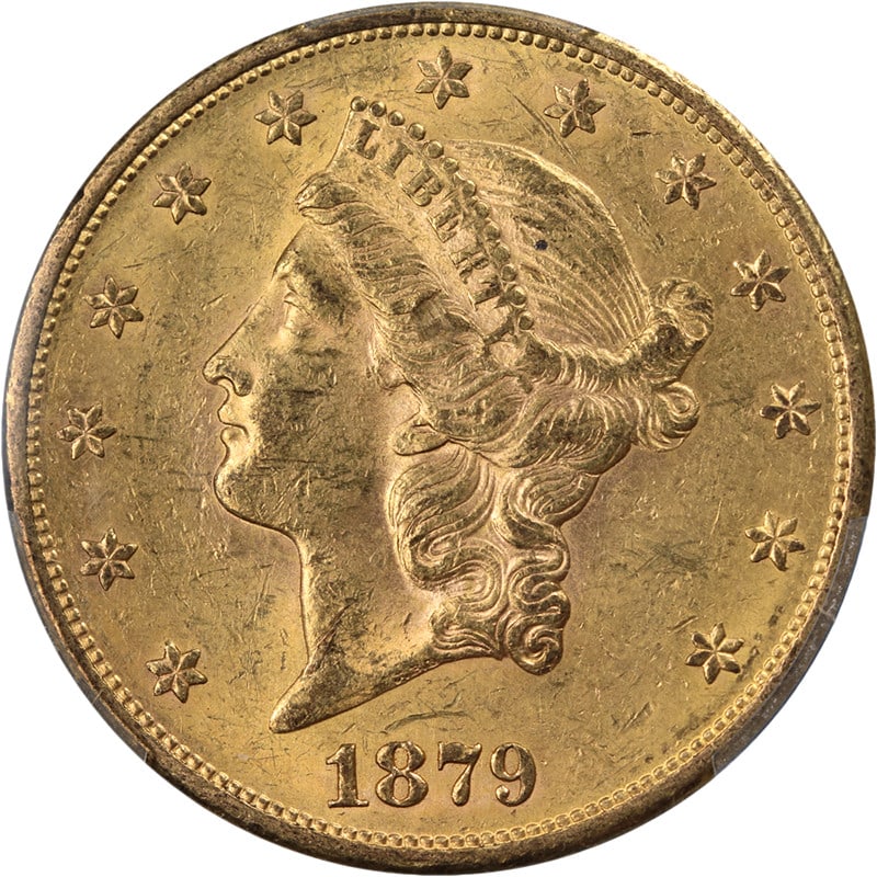 PCGS MS60 1879-S Liberty $20 Gold Coin United States: PCGS MS60 1879-S Liberty $20 Gold Coin United States This is an original 1879-S Liberty Gold $20 coin graded PCGS MS60. The coin features attractive luster, a strong strike, and appealing color. Typic