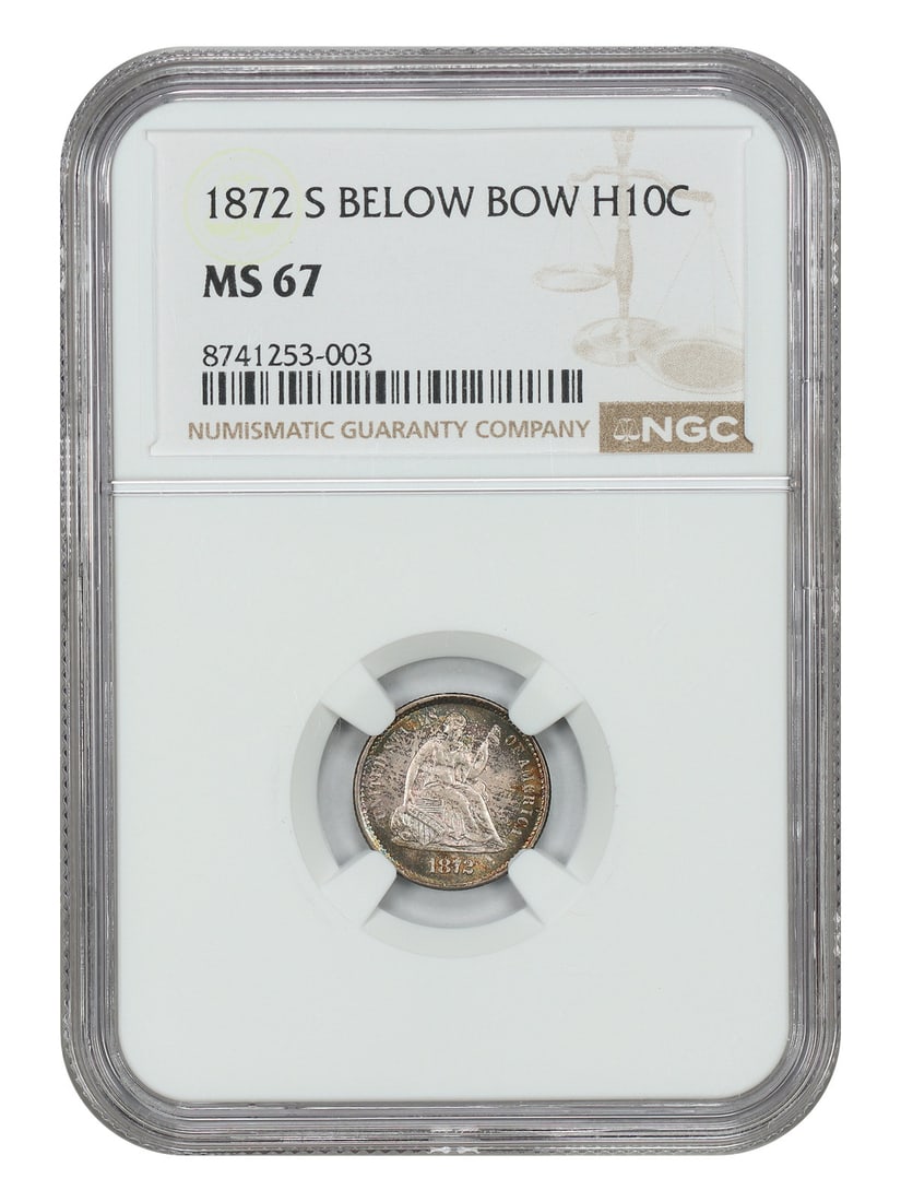 1872-S Liberty Seated Half Dime NGC MS67 Mintmark Below Bow: 1872-S Liberty Seated Half Dime NGC MS67 Mintmark Below Bow This 1872-S Liberty Seated Half Dime features a mintmark below the bow and is graded MS67 by NGC. The coin displays sharply struck and well-