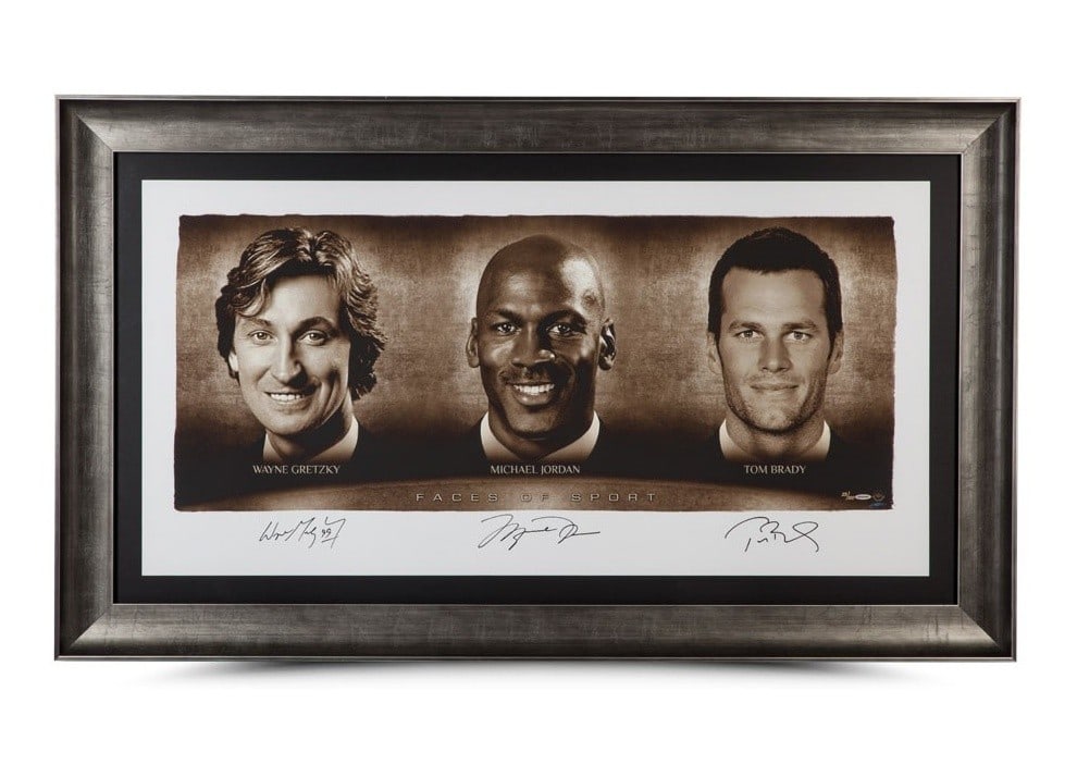 Michael Jordan Wayne Gretzky Tom Brady Autographed Lithograph #/100 24x48 Framed: Michael Jordan Wayne Gretzky Tom Brady Autographed Lithograph #/100 24x48 Framed Celebrate sports legends with this stunning autographed lithograph featuring Michael Jordan, Wayne Gretzky, and Tom Bra