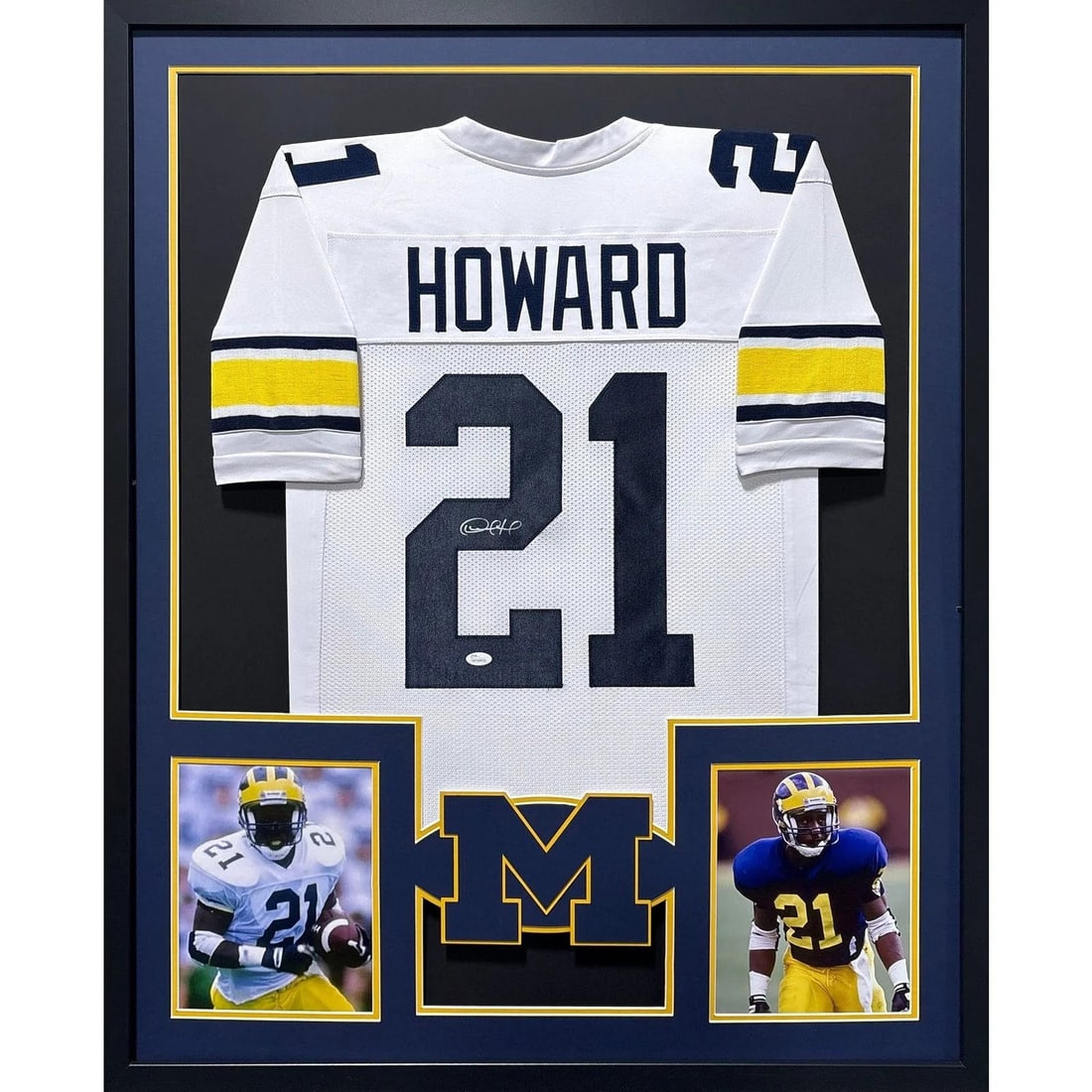 Framed Desmond Howard Autographed Michigan Jersey JSA: Framed Desmond Howard Autographed Michigan Jersey JSA This framed white jersey is autographed by Desmond Howard and features Michigan branding. The jersey is professionally framed with attention to de
