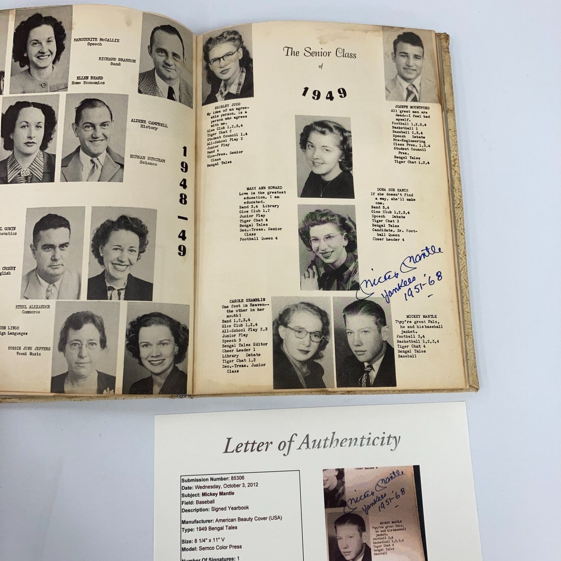 Mickey Mantle Signed 1949 Yearbook with JSA PSA COA: Mickey Mantle Signed 1949 Yearbook with JSA PSA COA This is a remarkable piece of baseball memorabilia featuring the legendary Mickey Mantle, who is recognized as one of the greatest athletes in the s