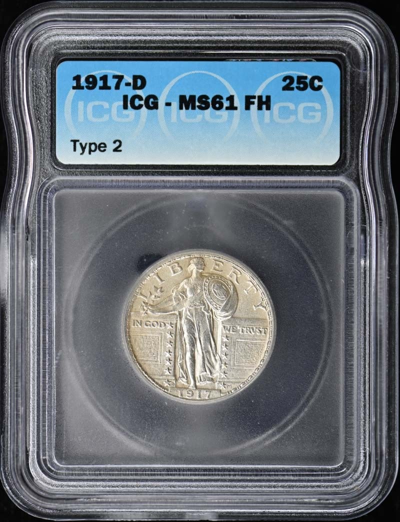 ANACS MS61 FH 1917-D Denver Standing Liberty Quarter 25C: ANACS MS61 FH 1917-D Denver Standing Liberty Quarter 25C This is a 1917-D Standing Liberty Quarter graded MS61 FH by ANACS. The coin is uncirculated and features the Full Head (FH) designation. It was
