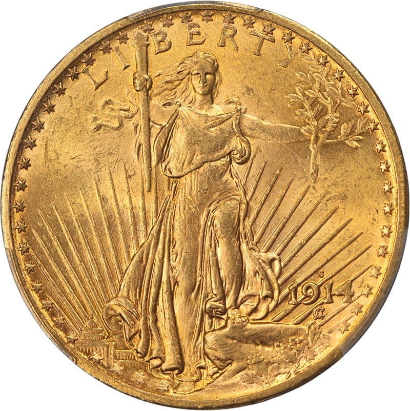 PCGS MS63 1914-S Saint-Gaudens $20 Gold Coin Strong Strike Luster: PCGS MS63 1914-S Saint-Gaudens $20 Gold Coin Strong Strike Luster This 1914-S Saint-Gaudens Gold $20 coin is graded MS63 by PCGS, indicating an uncirculated condition with superb eye appeal, strong st
