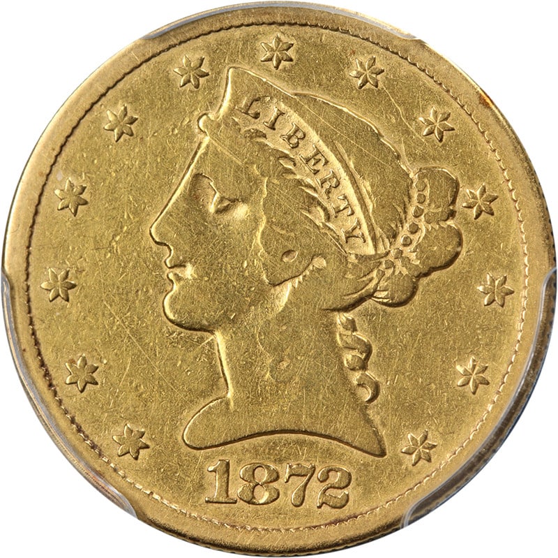 PCGS F Details 1872-CC Liberty $5 Gold Coin Key Date Carson City: PCGS F Details 1872-CC Liberty $5 Gold Coin Key Date Carson City This 1872-CC Liberty Gold $5 coin is certified by PCGS with a grade of F Details. Minted in Carson City, it is composed of gold with a 