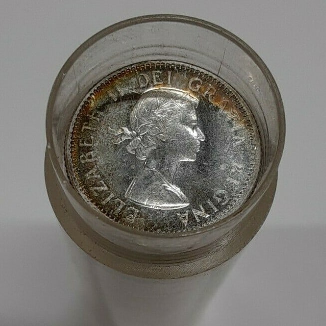 Roll of 50 Uncirculated 1957 Canadian 80 Percent Silver 10 Cent Coins: Roll of 50 Uncirculated 1957 Canadian 80 Percent Silver 10 Cent Coins This is a roll of 50 uncirculated 1957 Canadian 10 cent coins, each composed of 80% silver. The coins are housed in a tube and may
