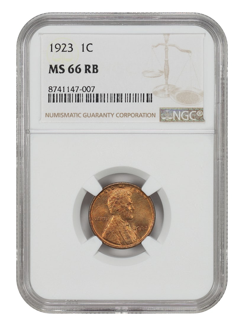 1923 Lincoln Wheat Reverse Cent NGC MS66RB: 1923 Lincoln Wheat Reverse Cent NGC MS66RB This 1923 Lincoln Cent features the classic Wheat Reverse design and has been graded MS66RB by NGC. Struck in Philadelphia, this cent displays a red-brown (R