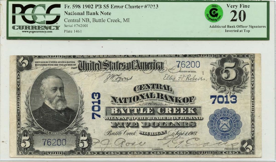 Battle Creek Michigan 1902 $5 National Banknote Error PCGS VF20 CH7013: Battle Creek Michigan 1902 $5 National Banknote Error PCGS VF20 CH7013 This is a 1902 $5 Plain Back National Currency note from Battle Creek, Michigan, Charter #7013. The note is graded VF20 by PCGS C