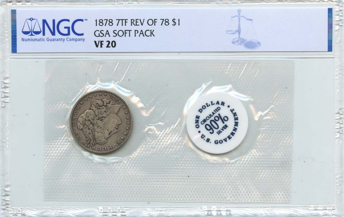 NGC VF20 1878 Morgan Dollar 7 Tail Feathers Reverse of 78 GSA Soft Pack: NGC VF20 1878 Morgan Dollar 7 Tail Feathers Reverse of 78 GSA Soft Pack This 1878 Morgan Dollar features the 7 Tail Feathers Reverse of 78 and is presented in a GSA soft pack. Certified by NGC with a 
