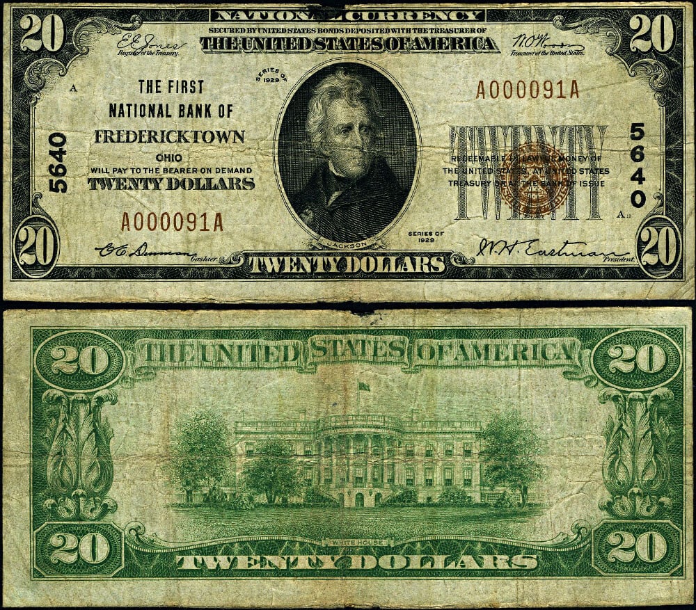 1929 T-1 $20 National Bank Note Fredericktown OH Charter #5640: 1929 T-1 $20 National Bank Note Fredericktown OH Charter #5640 This is a 1929 T-1 National Bank Note from Fredericktown, Ohio, featuring a denomination of $20. The note is classified as 'Fine' conditi