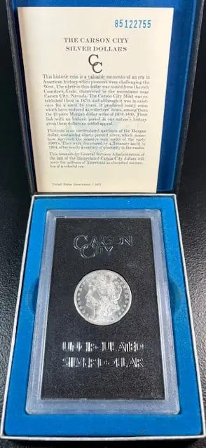 1885 CC Morgan Silver Dollar Uncirculated GSA Hoard with COA: 1885 CC Morgan Silver Dollar Uncirculated GSA Hoard with COA This 1885 CC Morgan Silver Dollar is a remarkable piece from the GSA Hoard, showcasing stunning uncirculated quality. Minted in Carson City
