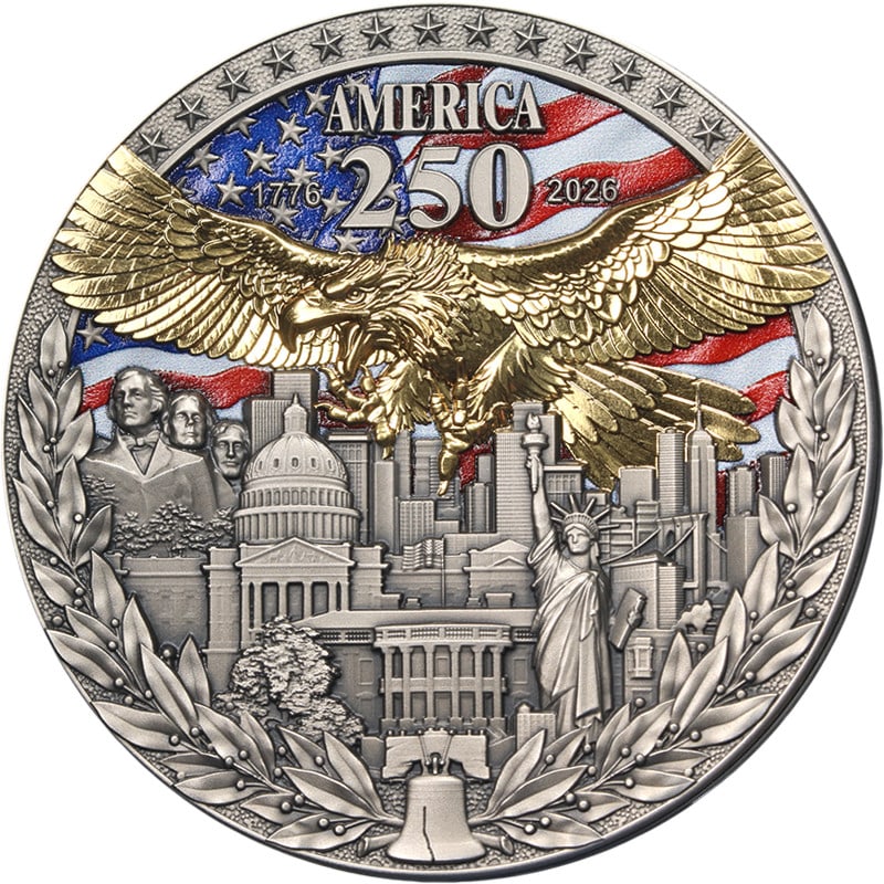 2026 Niue 2 oz Silver $5 America 250th Anniversary Coin OGP COA: 2026 Niue 2 oz Silver $5 America 250th Anniversary Coin OGP COA This 2026 Niue $5 silver coin commemorates the 250th anniversary of America. Struck in 2 ounces of .999 fine silver, it is in uncirculat