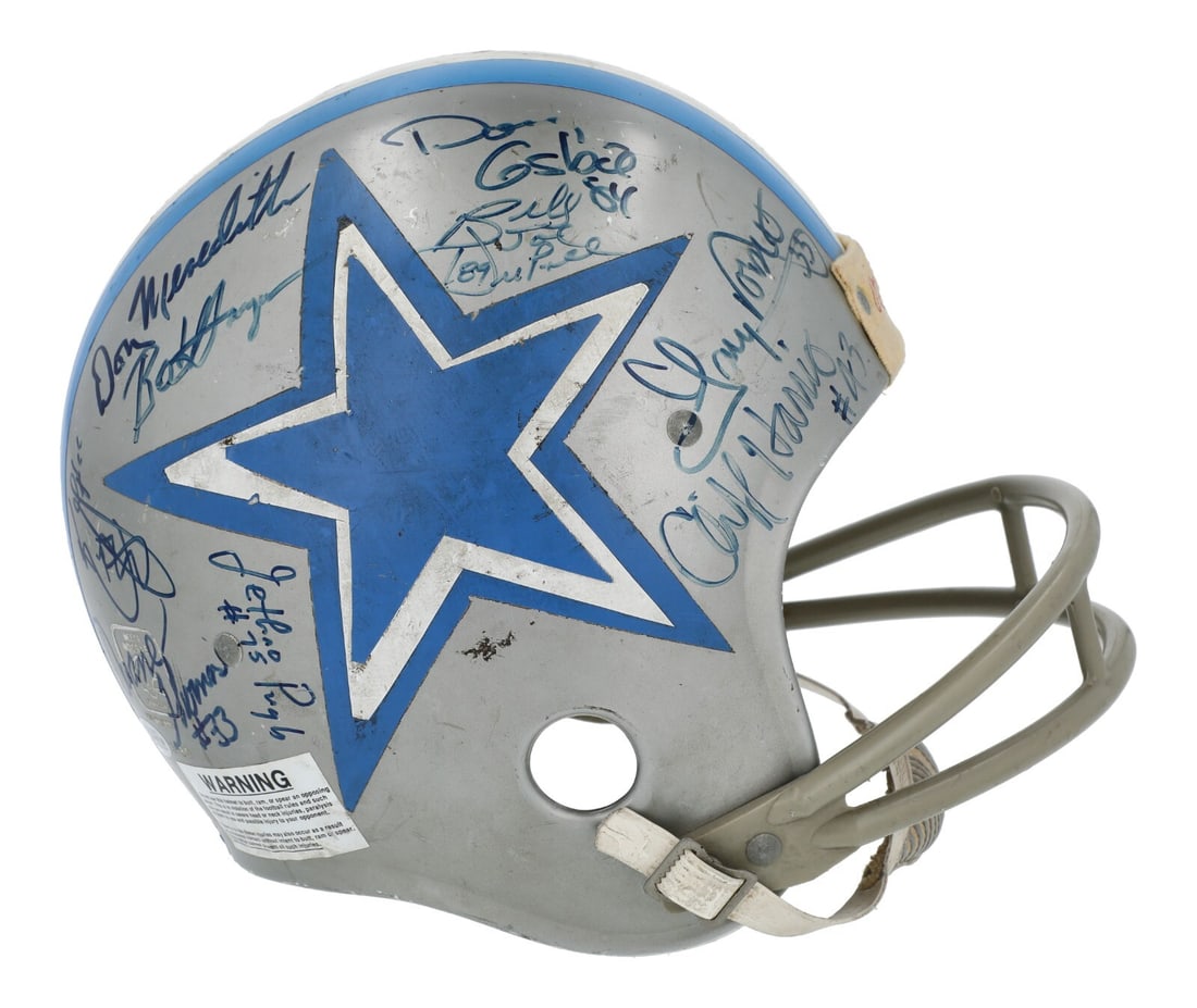 Dallas Cowboys 1970s Multi-Signed Football Helmet Beckett Certified: Dallas Cowboys 1970s Multi-Signed Football Helmet Beckett Certified This authentic 1970's Rawlings football helmet is a remarkable piece, showcasing the legendary Dallas Cowboys Hall of Famers and ico