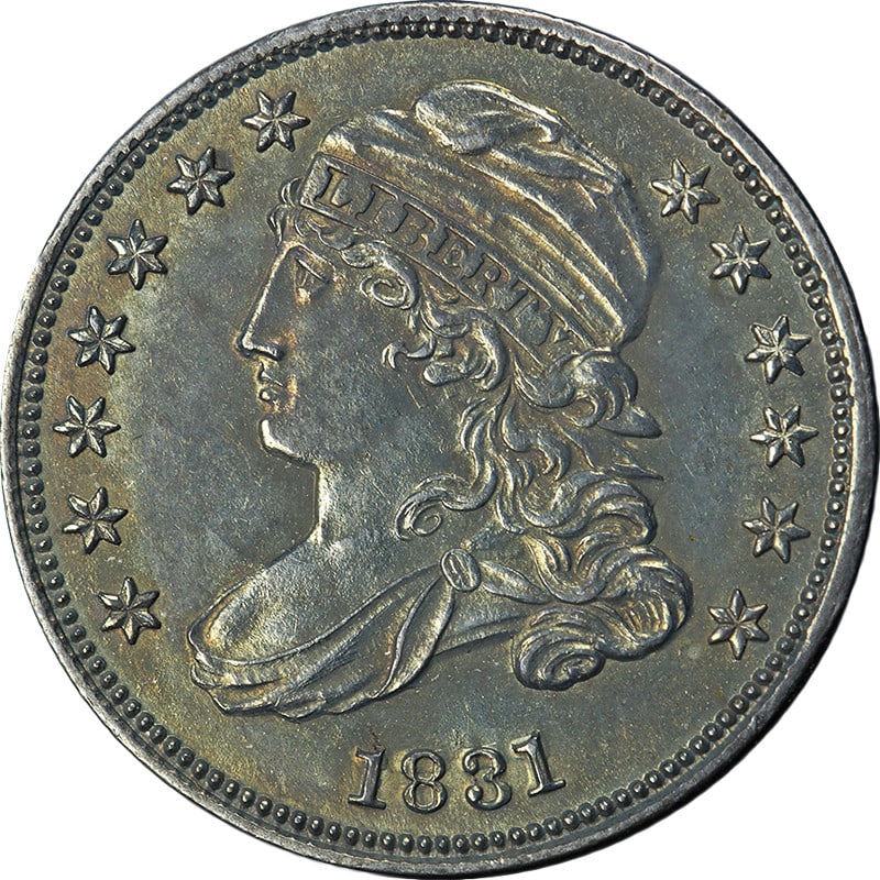 1831 Bust Dime Uncirculated Silver Nice BU Strong Strike: 1831 Bust Dime Uncirculated Silver Nice BU Strong Strike This exquisite 1831 Bust Dime showcases remarkable eye appeal with its vibrant luster and strong strike. The coin features attractive color and
