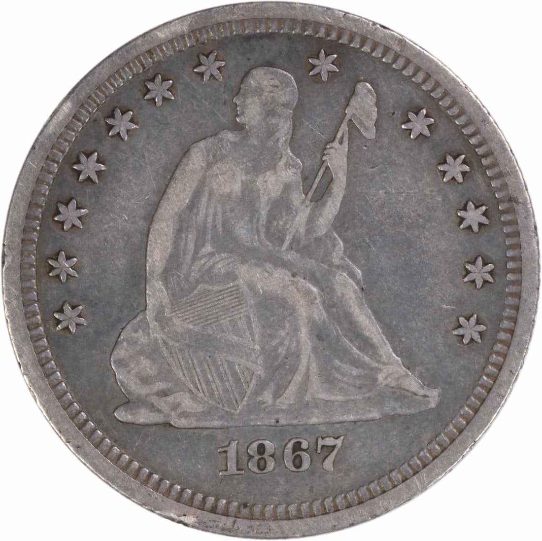1867 Seated Liberty Quarter Philadelphia 90 Percent Silver EF Grade Uncertified: 1867 Seated Liberty Quarter Philadelphia 90 Percent Silver EF Grade Uncertified This 1867 Liberty Seated Silver Quarter from the Philadelphia Mint features the classic Seated Liberty design by Robert 