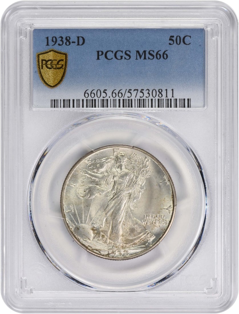 PCGS MS66 1938 D Walking Liberty Half Dollar Silver: PCGS MS66 1938 D Walking Liberty Half Dollar Silver This is a 1938-D Walking Liberty Silver Half Dollar graded MS66 by PCGS. The coin is uncirculated and features the iconic Walking Liberty design. It