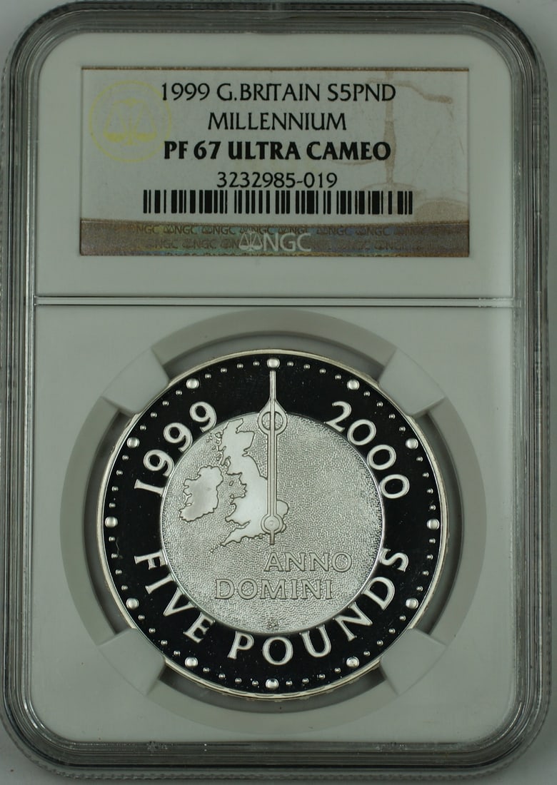 NGC PF-67 Millennium 1999 Silver 5 Pound Proof Coin from Great Britain: NGC PF-67 Millennium 1999 Silver 5 Pound Proof Coin from Great Britain This 1999 Great Britain 5 Pound Proof Coin commemorates the UK Millennium and is graded PF-67 Ultra Cameo by NGC. Crafted from si