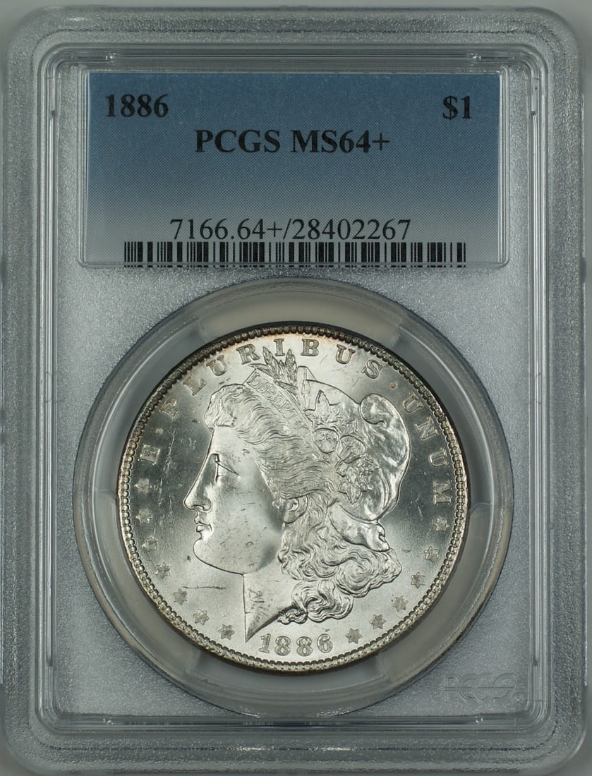 PCGS MS-64 Plus 1886 Morgan Silver Dollar Philadelphia Mint: PCGS MS-64 Plus 1886 Morgan Silver Dollar Philadelphia Mint This 1886 Morgan Silver Dollar has been certified by PCGS with a grade of MS-64+, indicating it is in uncirculated condition. Minted in Phil