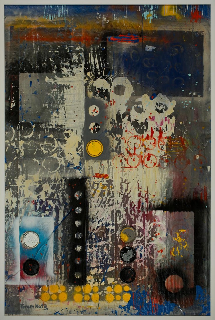 Yoram Katz Recycling Post Framed Abstract Painting 72 x 48 in 2017: Yoram Katz Recycling Post Framed Abstract Painting 72 x 48 in 2017 Introducing "Recycling Post," a stunning abstract painting by Yoram Katz, measuring 72 x 48 inches (183 x 122 cm) without the frame. 