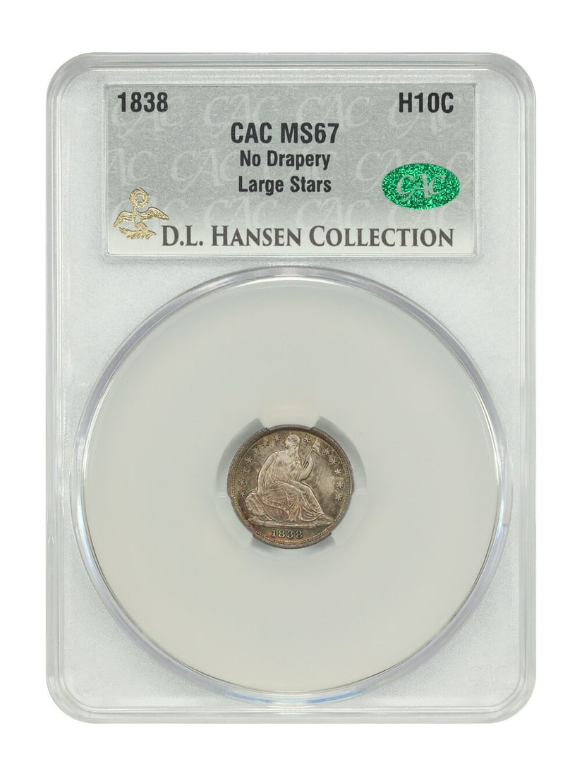 1838 Liberty Seated Half Dime H10C CACG MS67 No Drapery Ex Eliasberg Hansen: 1838 Liberty Seated Half Dime H10C CACG MS67 No Drapery Ex Eliasberg Hansen This stunning 1838 Liberty Seated Half Dime (H10C) is graded MS67 by CACG, showcasing its uncirculated condition. Struck at 