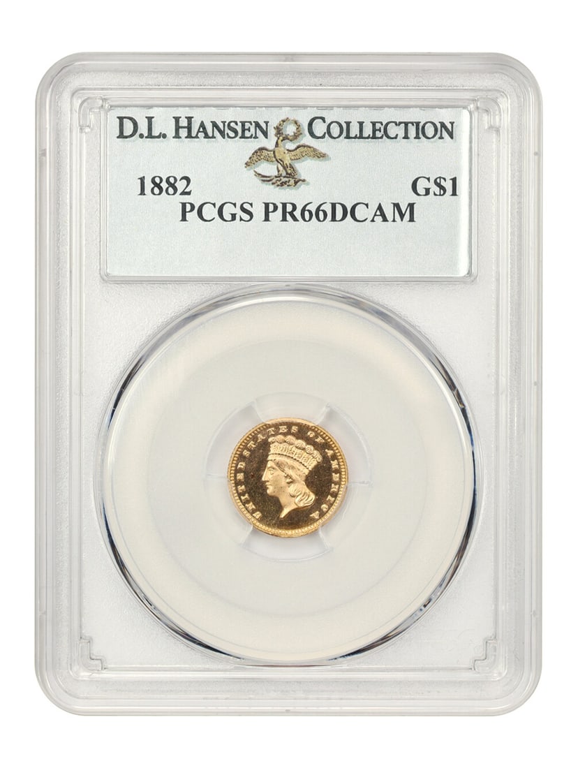 1882 G$1 Gold Dollar PCGS Proof 66 DCAM Ex D.L. Hansen: 1882 G$1 Gold Dollar PCGS Proof 66 DCAM Ex D.L. Hansen This stunning 1882 G$1 coin is graded as a Proof 66 DCAM by PCGS and showcases exceptional deep cameo mirrors and outstanding eye appeal. Minted 