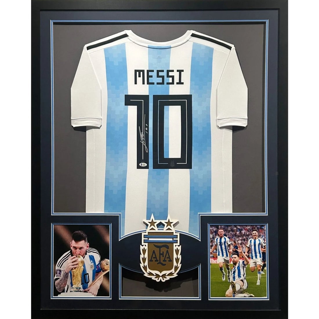 Framed Argentina Jersey Signed by Lionel Messi Beckett Authenticated with COA: Framed Argentina Jersey Signed by Lionel Messi Beckett Authenticated with COA This pre-owned Argentina jersey features the autograph of Lionel Messi and is professionally framed. Authenticated by Beck