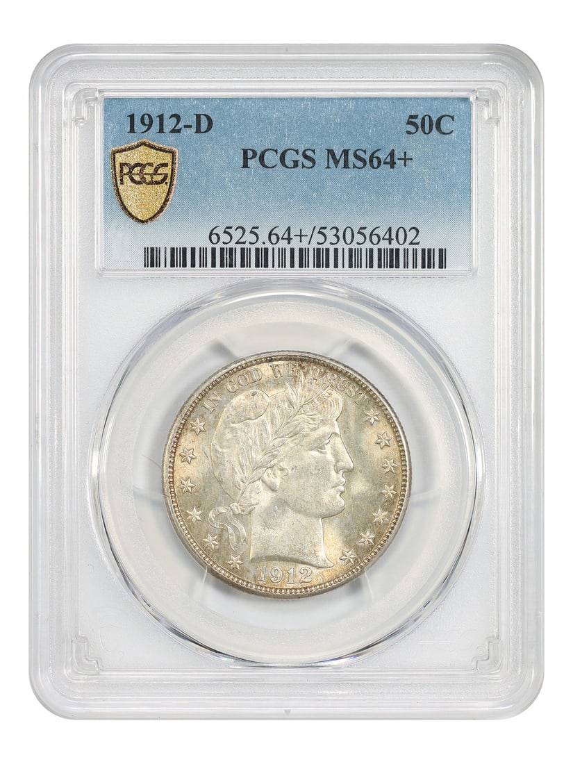 1912-D PCGS MS64+ Barber Half Dollar: 1912-D PCGS MS64+ Barber Half Dollar This 1912-D Barber Half Dollar is graded MS64+ by PCGS, indicating a high-quality, uncirculated coin with frosty golden toning. Struck at the Denver Mint, this pie
