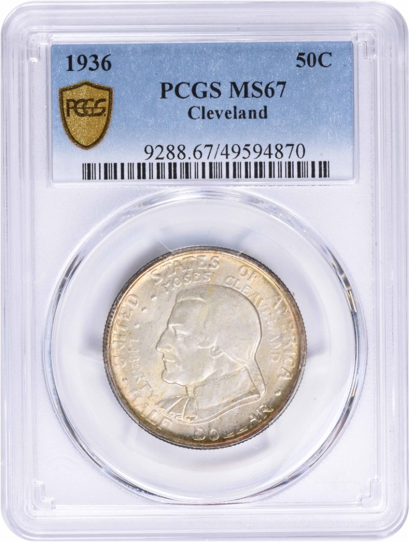 1936 Cleveland Commemorative Silver Half Dollar MS67 PCGS Uncirculated: 1936 Cleveland Commemorative Silver Half Dollar MS67 PCGS Uncirculated This Cleveland Commemorative Silver Half Dollar, minted in 1936, is a stunning collectible coin featuring a high grade of MS67 as