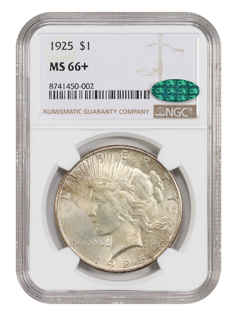 1925 Philadelphia Peace Dollar NGC CAC MS66+: 1925 Philadelphia Peace Dollar NGC CAC MS66+ This 1925 Peace Dollar features a $1 denomination and was minted in Philadelphia. Certified by NGC with CAC approval, it is a popular collector's date in t