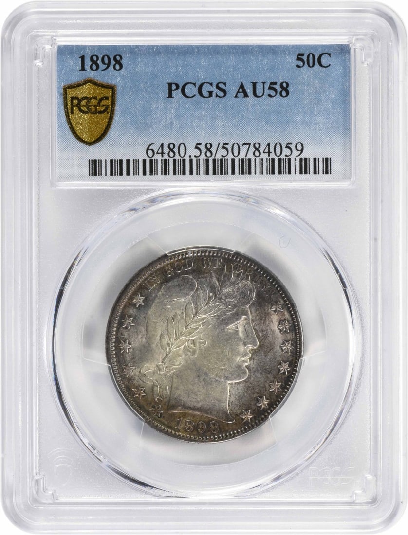 1898 Barber Half Dollar AU58 PCGS Certified 90% Silver Coin: 1898 Barber Half Dollar AU58 PCGS Certified 90% Silver Coin This 1898 Barber Silver Half Dollar, graded AU58 by PCGS, is a remarkable addition for any coin collector. Struck at the Philadelphia Mint, 