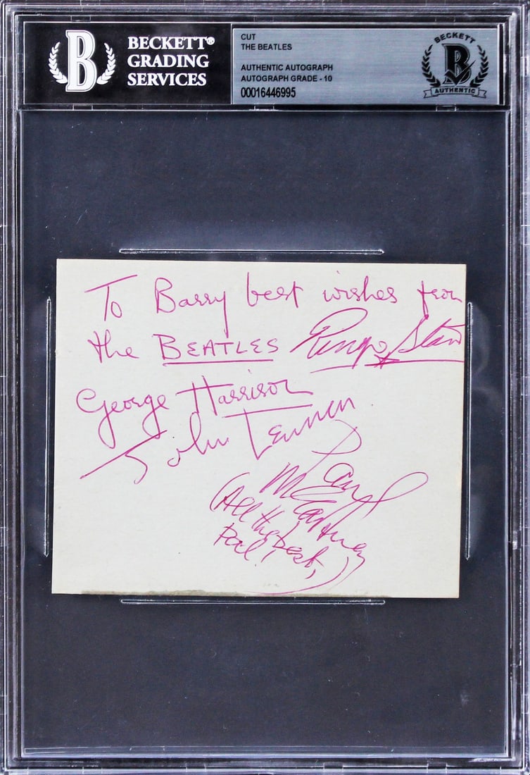 Beckett Slabbed Beatles Cut Signature 4 Autographs Gem Mint 10: Beckett Slabbed Beatles Cut Signature 4 Autographs Gem Mint 10 This is an original 3.85 x 4.5 inch cut signature featuring authentic autographs from all four members of The Beatles: John Lennon, Paul 