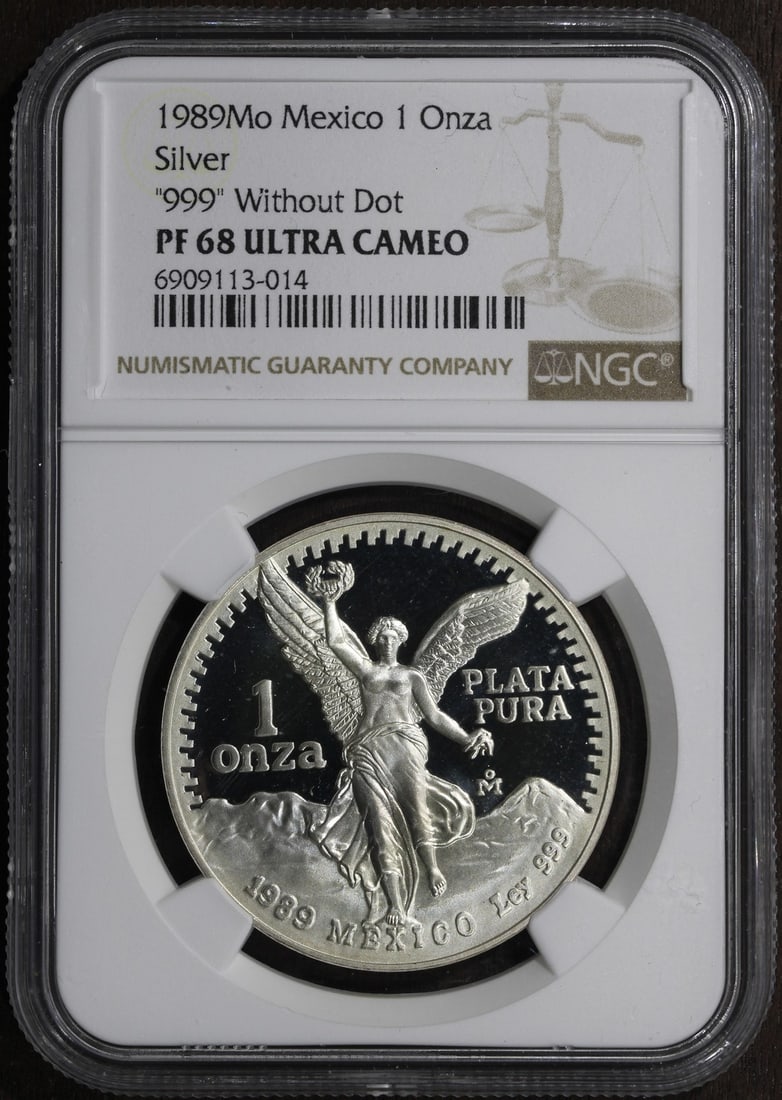 1989 Mexican Libertad Onza 1 oz Proof Silver NGC PF68: 1989 Mexican Libertad Onza 1 oz Proof Silver NGC PF68 This stunning 1989 Mexican Libertad Onza coin features an impressive proof finish and is composed of 1 oz of .999 fine silver. Graded as PF68 by N