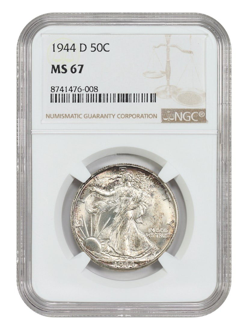 NGC MS67 1944-D Walking Liberty Half Dollar 50C: NGC MS67 1944-D Walking Liberty Half Dollar 50C This is a 1944-D Walking Liberty Half Dollar, graded MS67 by NGC. The coin is uncirculated and was minted in Denver. It belongs to the Walking Liberty H