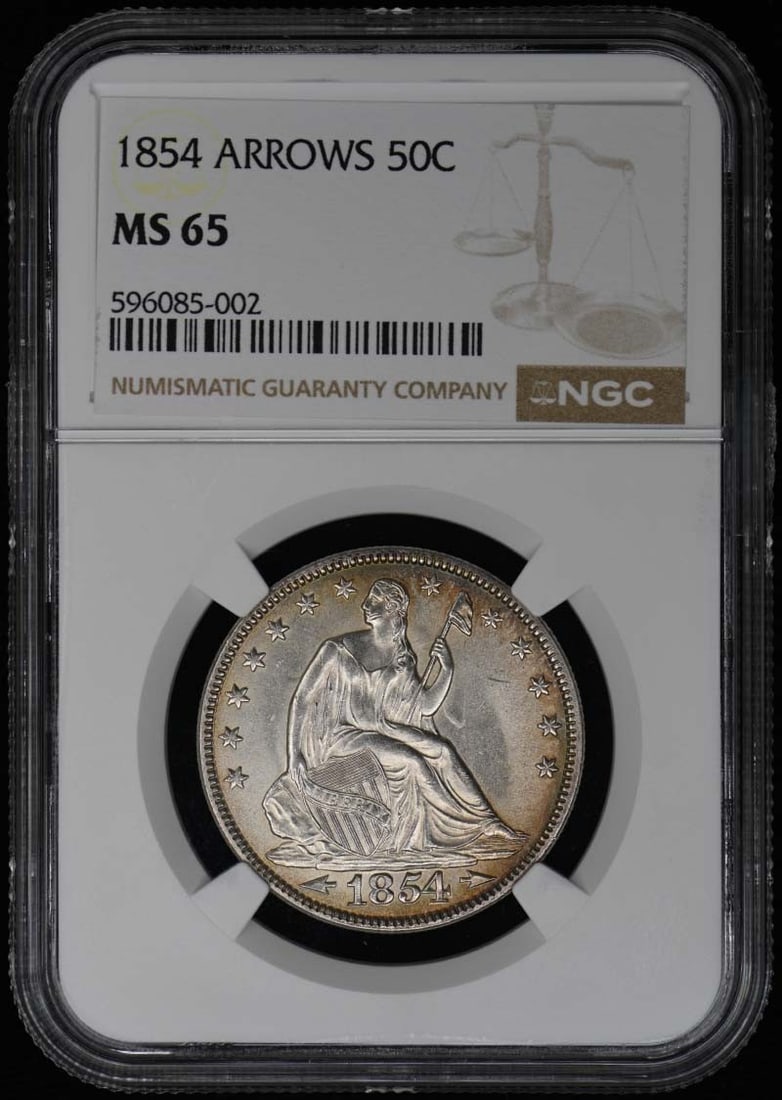 1854 Seated Liberty Half Dollar 50C NGC MS65 Uncirculated: 1854 Seated Liberty Half Dollar 50C NGC MS65 Uncirculated This stunning 1854 Liberty Seated Half Dollar 50C showcases a remarkable uncirculated condition with a high grade of MS65, certified by NGC (C