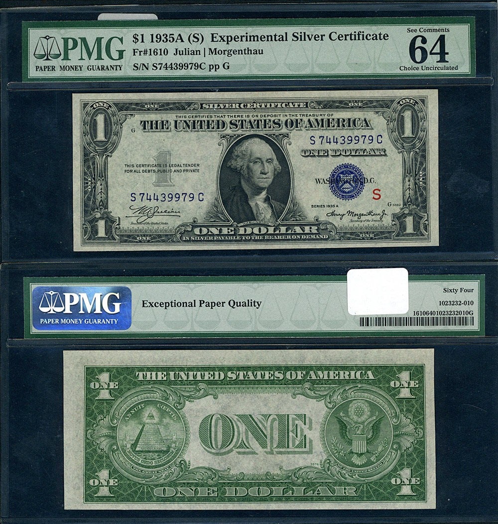 1935-A $1 Silver Certificate S Surcharge S-C Block PMG CU64 EPQ: 1935-A $1 Silver Certificate S Surcharge S-C Block PMG CU64 EPQ This 1935-A $1 Silver Certificate features a striking Red 'S' surcharge, classified under FR. 1610. The note is graded PMG Choice Uncirc