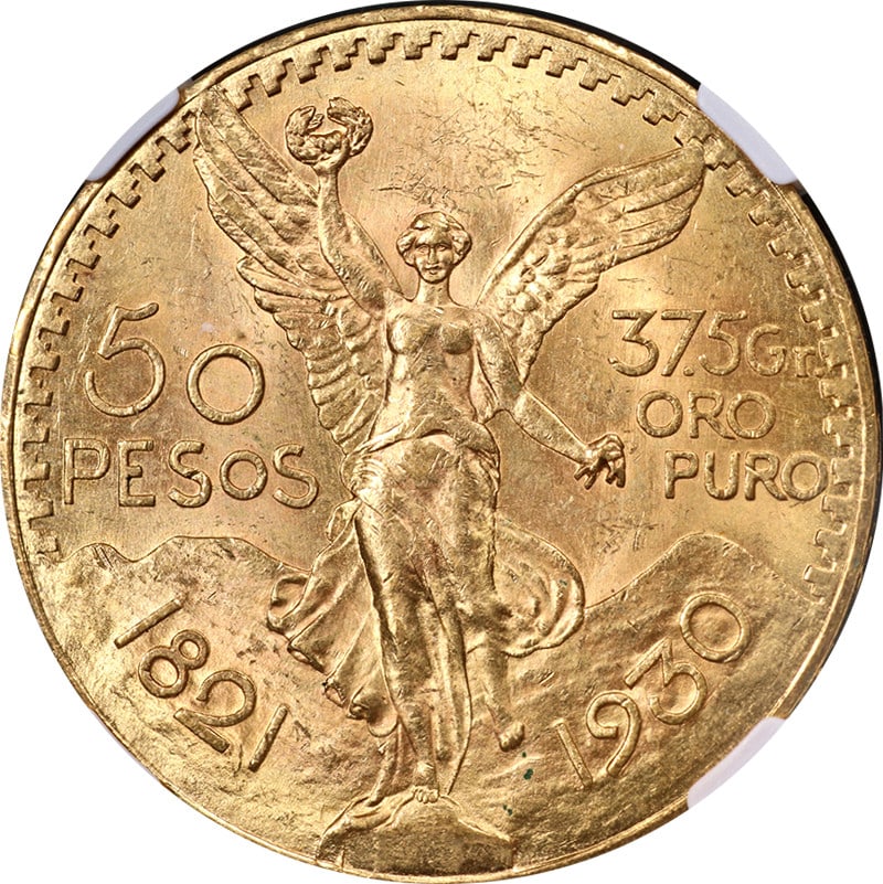 1930 Gold 50 Peso Coin from Mexico NGC Graded MS63: 1930 Gold 50 Peso Coin from Mexico NGC Graded MS63 This original 1930 Mexico Gold 50 Peso coin is certified by NGC with a grade of MS63, indicating a high-quality, uncirculated example. The coin featu