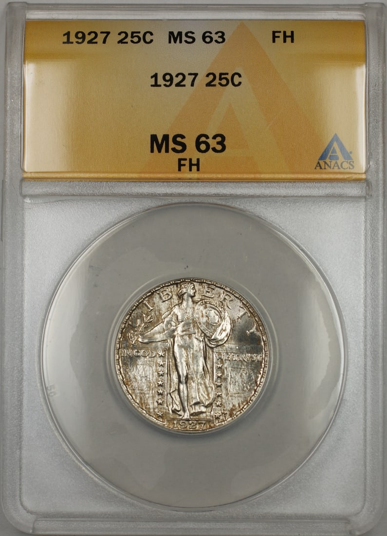 ANACS MS 63 1927 Standing Liberty silver quarter Full Head: ANACS MS 63 1927 Standing Liberty silver quarter Full Head This 1927 Standing Liberty Quarter, graded MS-63 Full Head by ANACS, features light toning and is composed of silver. Minted in Philadelphia,
