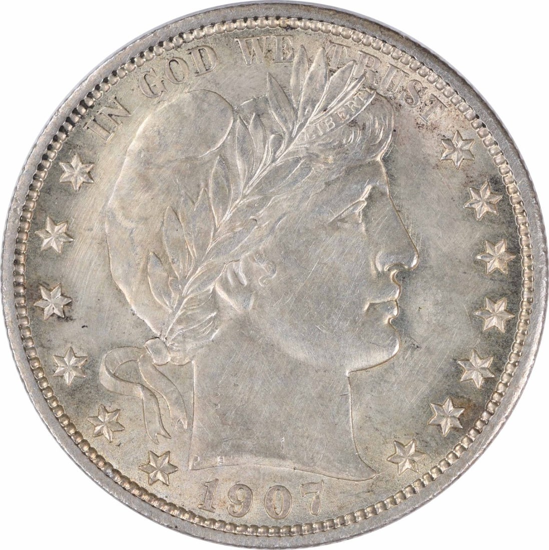 1907 Barber half dollar silver Choice BU uncertified: 1907 Barber half dollar silver Choice BU uncertified This 1907 Barber Silver Half Dollar is an uncirculated coin graded as Choice BU. It features the classic Barber design and is composed of silver. T