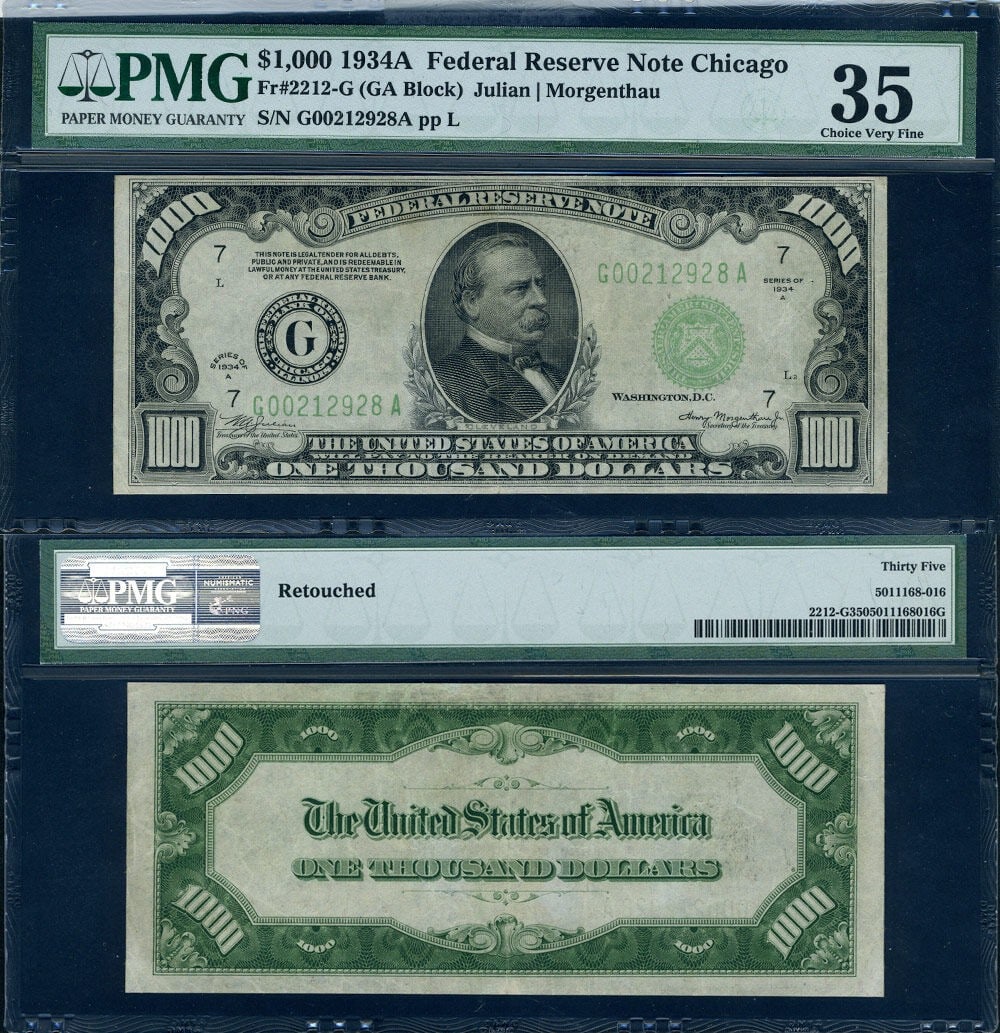 1934-A Chicago $1000 Federal Reserve Note PMG VF25 Retouched: 1934-A Chicago $1000 Federal Reserve Note PMG VF25 Retouched This is a 1934-A $1000 Federal Reserve Note from the Chicago Block, graded PMG Choice VF25. The note is circulated and has undergone retouc