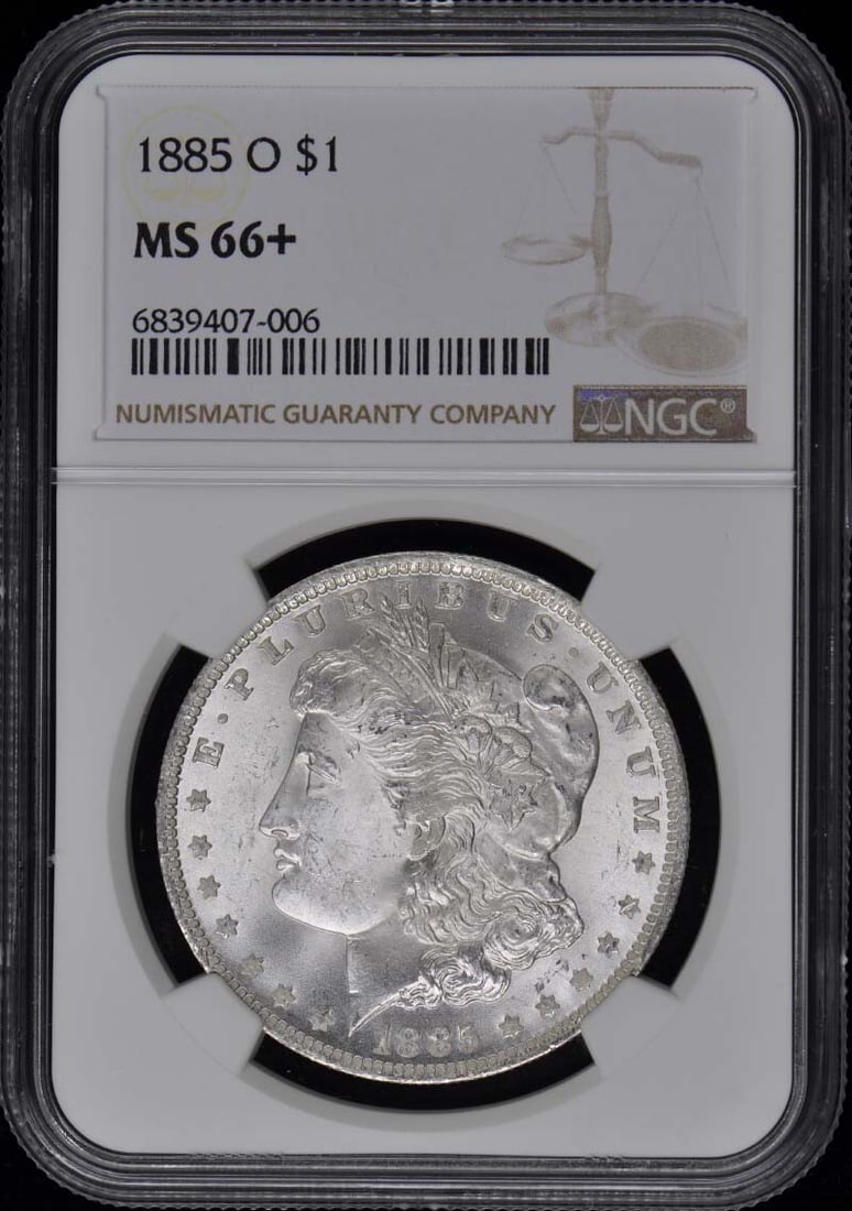 1885-O Morgan Dollar NGC MS66+ Uncirculated New Orleans Coin: 1885-O Morgan Dollar NGC MS66+ Uncirculated New Orleans Coin This stunning 1885-O Morgan Dollar is certified by NGC with a remarkable grade of MS66+, indicating its uncirculated condition. Minted in N