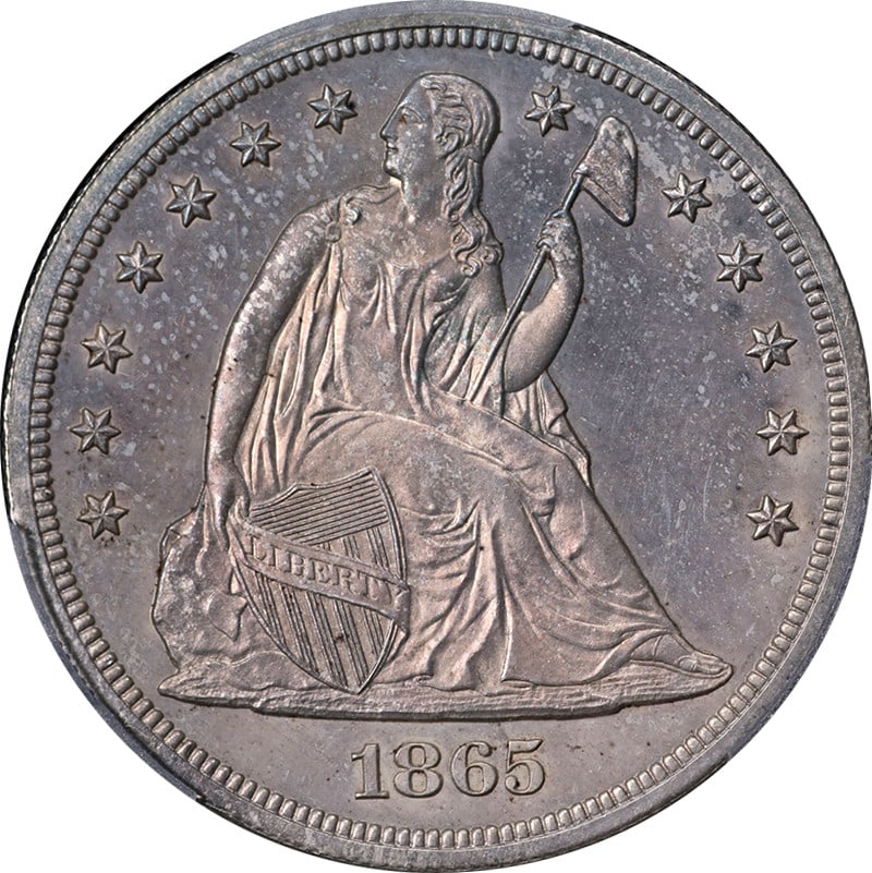Proof 1865 Seated Liberty Dollar Silver Coin PCGS PR64 Certified: Proof 1865 Seated Liberty Dollar Silver Coin PCGS PR64 Certified This original 1865 Seated Liberty Dollar Proof is certified by PCGS with a PR64 grade. The coin features a strong strike and attractive