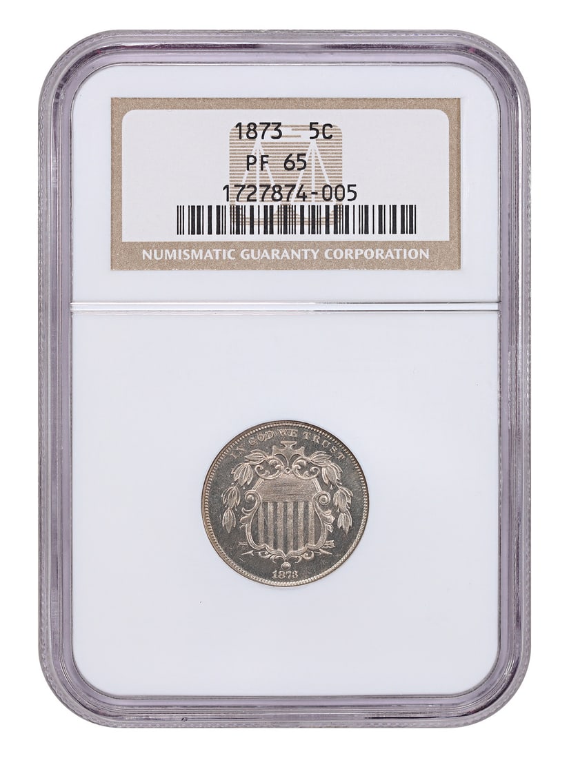 NGC PR65 1873 Shield Nickel 5C Philadelphia Proof: NGC PR65 1873 Shield Nickel 5C Philadelphia Proof This 1873 Shield Nickel is a proof coin graded PR65 by NGC. Struck in Philadelphia, it is an uncirculated example from a limited mintage of only 1,100